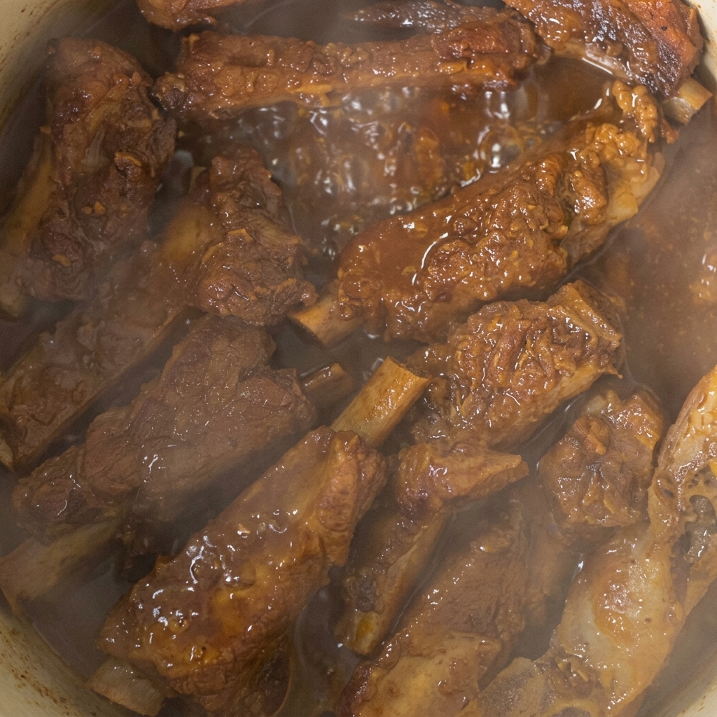 Zarte, dunkelbraun glasierte Schweinerippchen schmoren in einer reichhaltigen, blubbernden dicken Sauce.