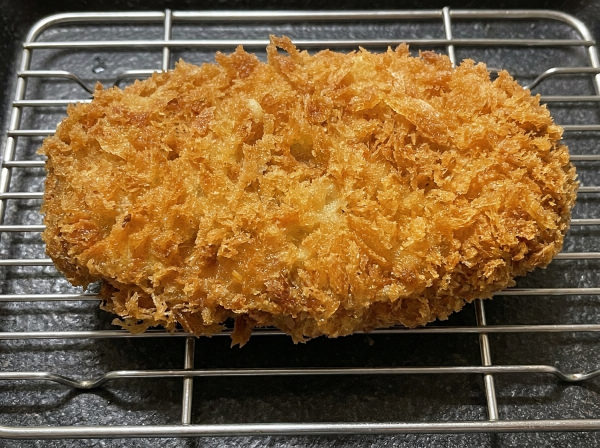 Ein goldbraunes, frittiertes Schweineschnitzel ruht auf einem Edelstahldrahtgitter.