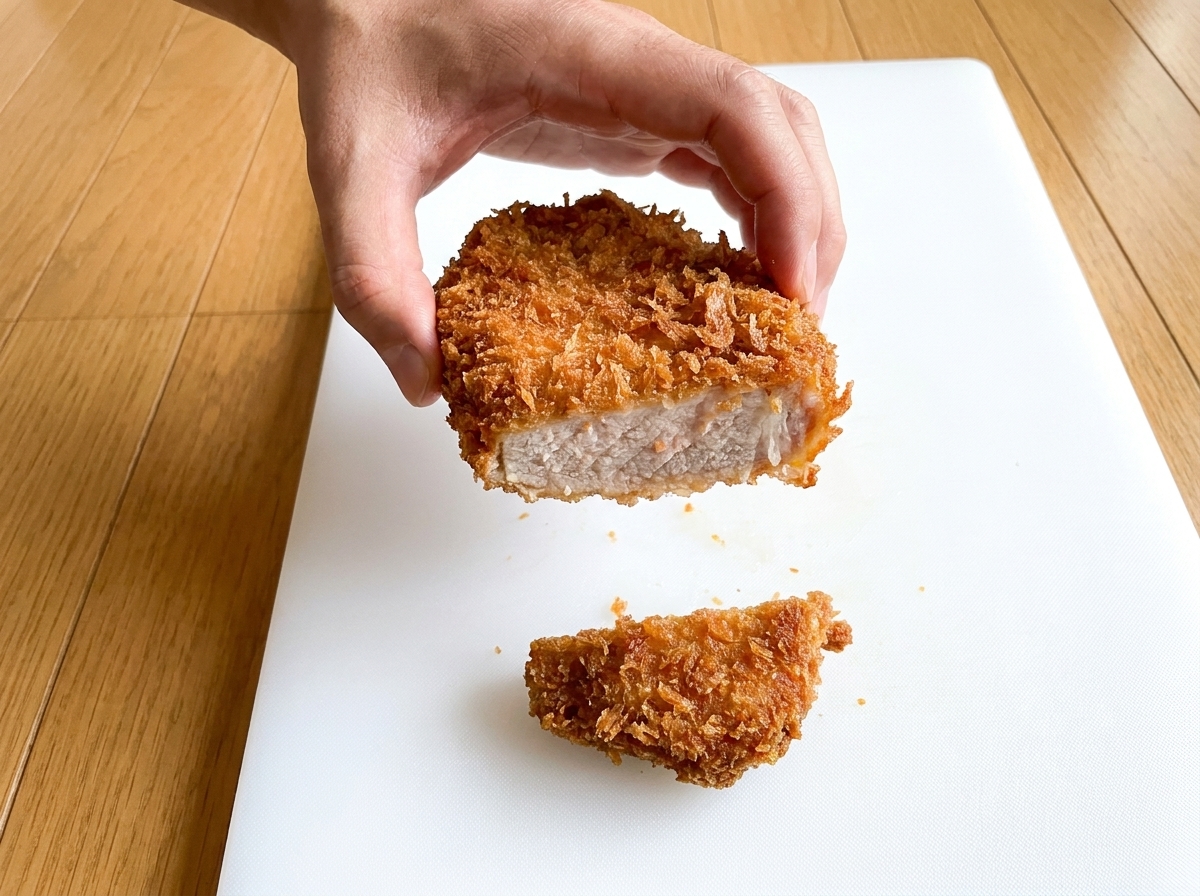Jemand hält ein frittiertes Schnitzel, das teilweise aufgeschnitten ist und einen saftig hellrosa Kern zeigt.