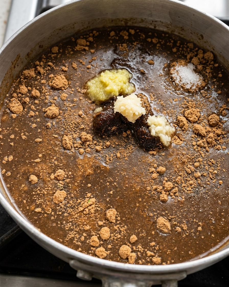 Ein Topf enthält Miso-Saucenzutaten wie Miso-Paste, Knoblauch, Ingwer und verschiedene Gewürze bereit zum Köcheln.