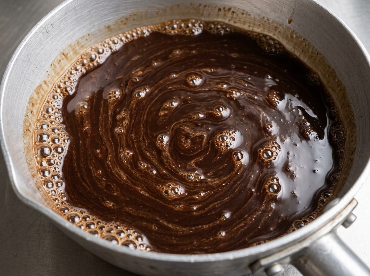 Ein Metalltopf mit der dunklen Miso-Saucenmischung wird mit einem Löffel gerührt.