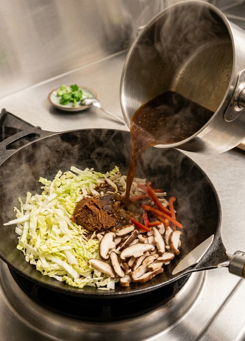 Dicke Miso-Sauce wird aus einem Topf auf eine heiße Platte mit Schnitzeln und Gemüse gegossen.