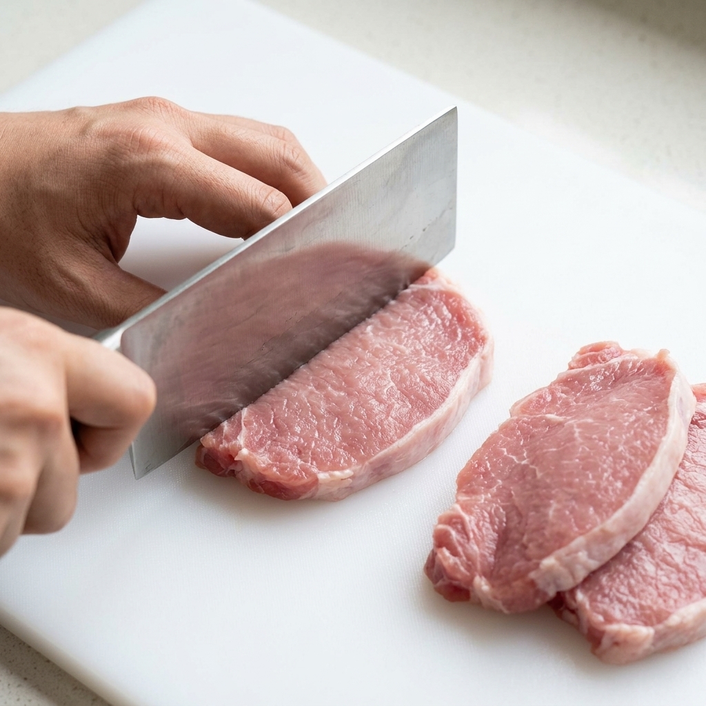 Eine rohe Schweinefleischscheibe wird vorsichtig mit der flachen Seite eines großen Küchenmessers flachgeklopft.