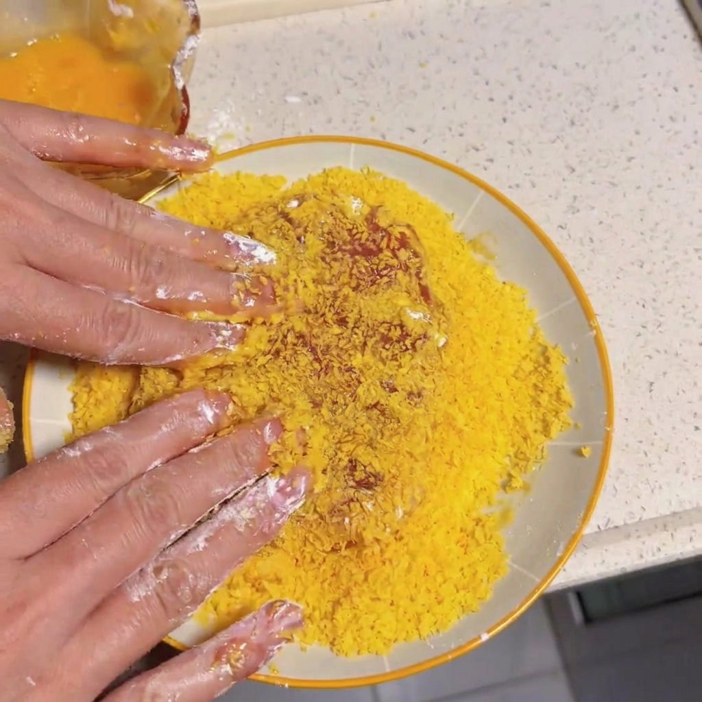 Hände drücken ein Stück Fleisch in einen Teller mit gelbem Paniermehl, um es gleichmäßig zu panieren.