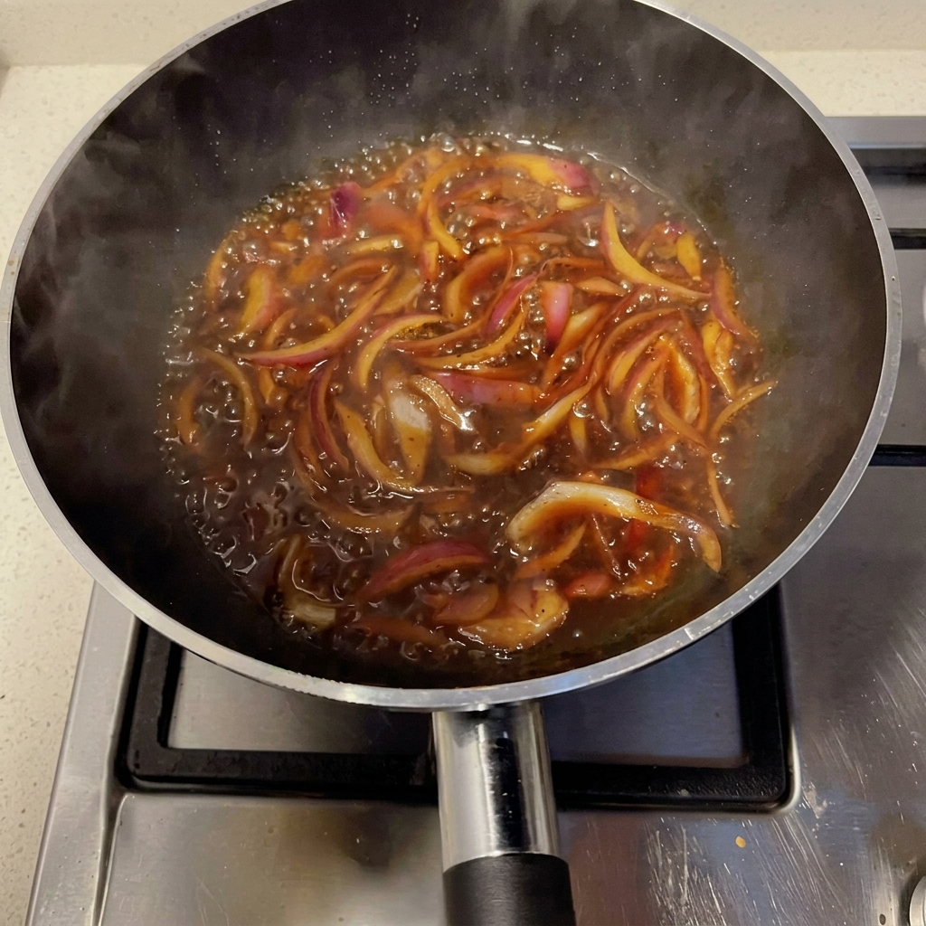 Weiche Zwiebeln in einer Pfanne vermischen sich mit einer dunklen Pfeffersauce.