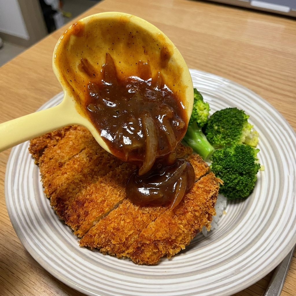 Eine gelbe Kelle gießt eine dunkle Pfeffer-Zwiebel-Sauce über ein aufgeschnittenes frittiertes Schweinekotelett.
