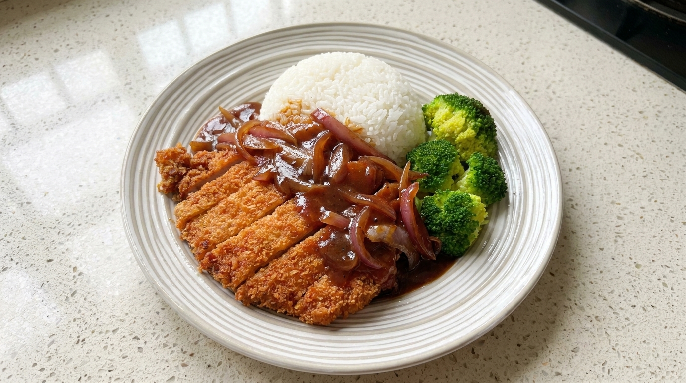 Knuspriges Schweinekotelett mit Reis und Pfeffersauce