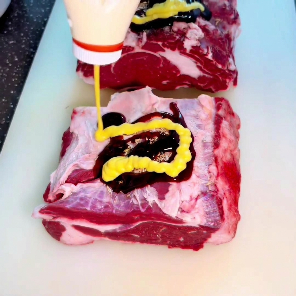 Honig-Senf-Sauce wird in Wellenlinien aus einer gelben Flasche auf die bereits gewürzten rohen Fleischstücke gegeben.