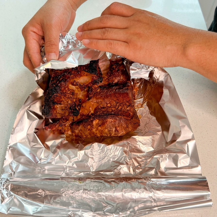 Hände falten die Ränder glänzender Alufolie über ein tiefbraun gegartes und aromatisch aussehendes Stück Rindfleisch.