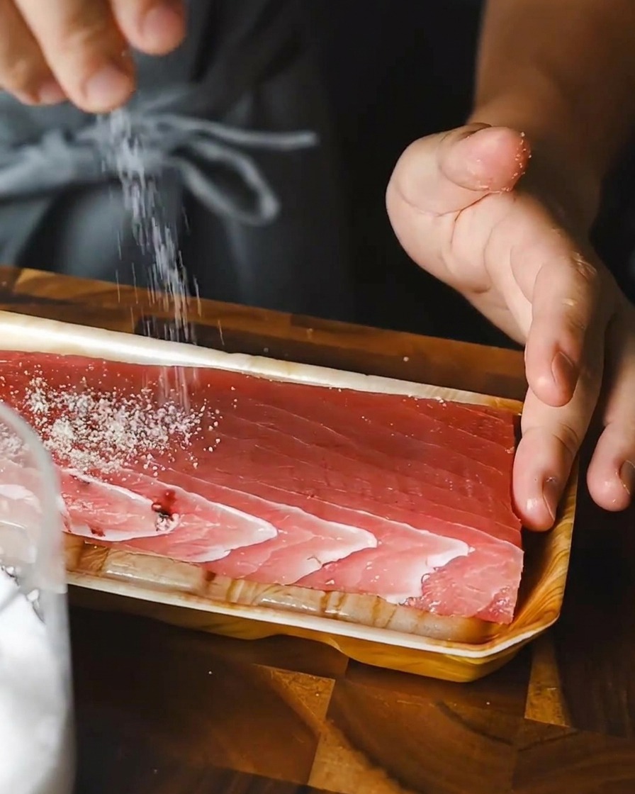 Eine Person bestreut einen rechteckigen Block rohen Thunfisch auf einem Tablett gleichmäßig mit Salz.