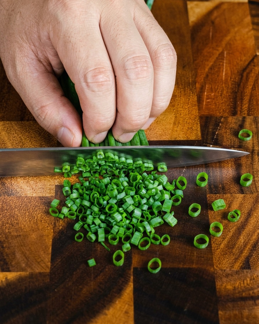 Eine Hand schneidet frische grüne Frühlingszwiebeln in kleine Ringe auf einem Holzschneidebrett.