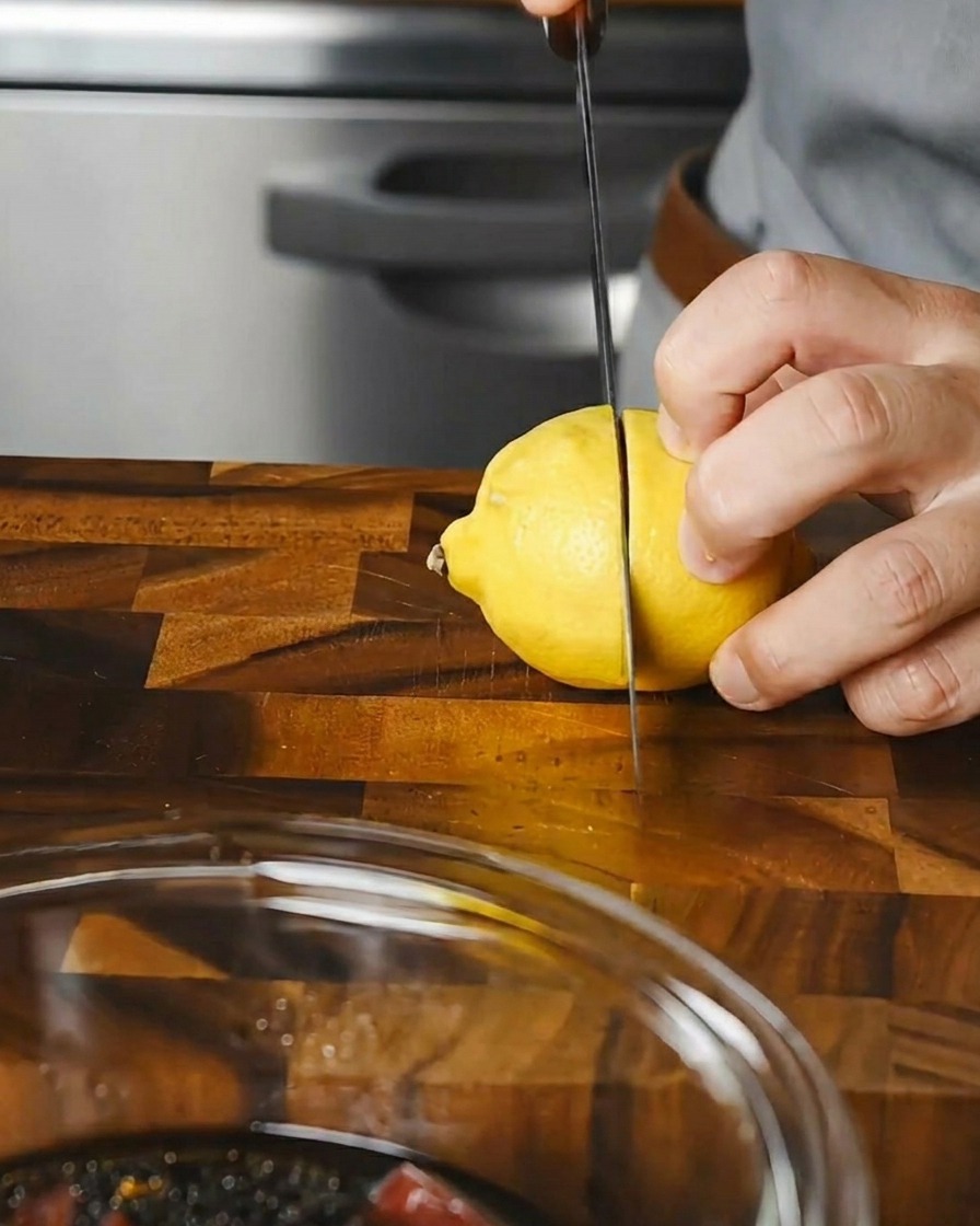 Eine halbierte Zitrone wird von Hand über einer Schüssel mit mariniertem Thunfisch ausgedrückt.
