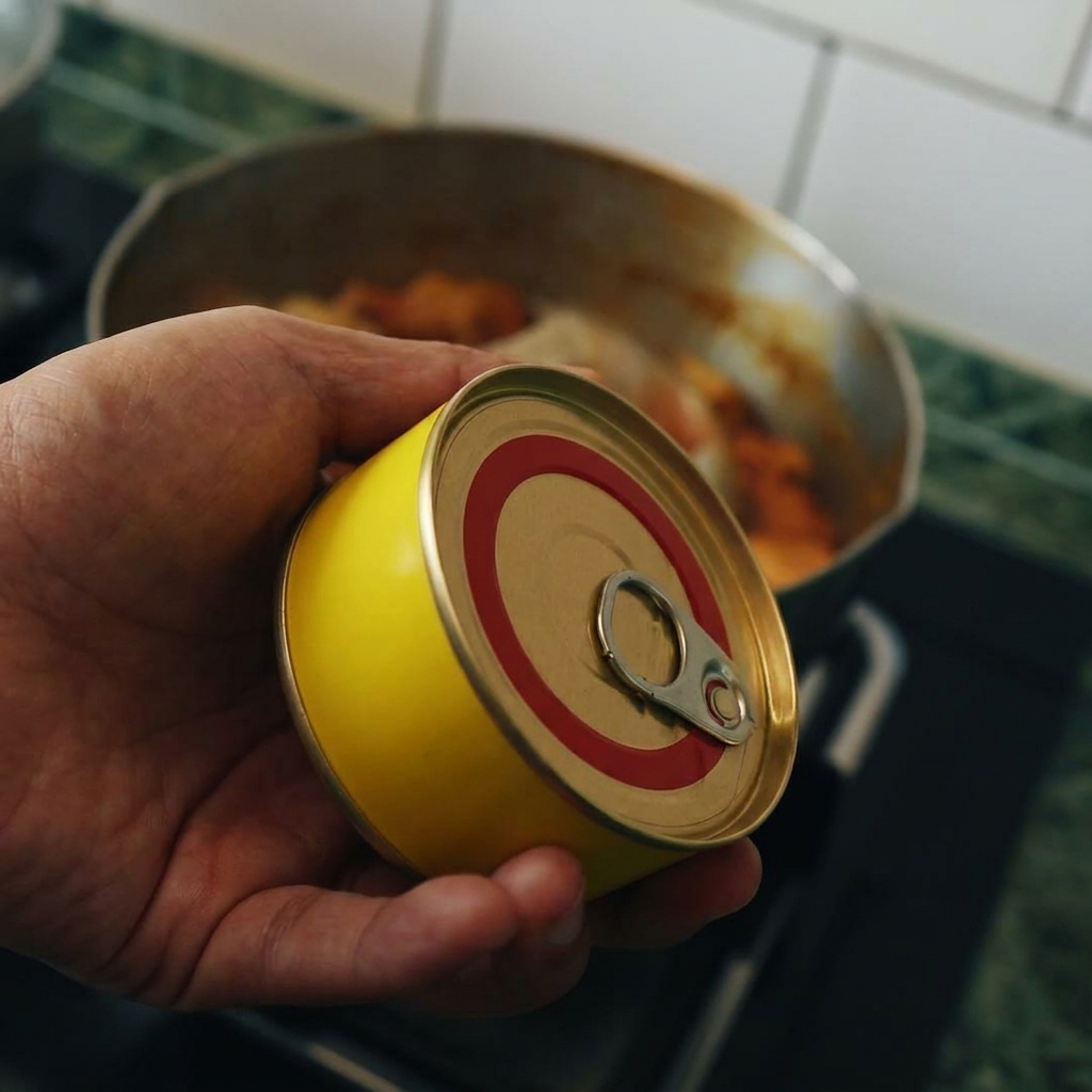 Thunfisch aus der Dose wird in den Topf mit Curry und Kohl gegeben.