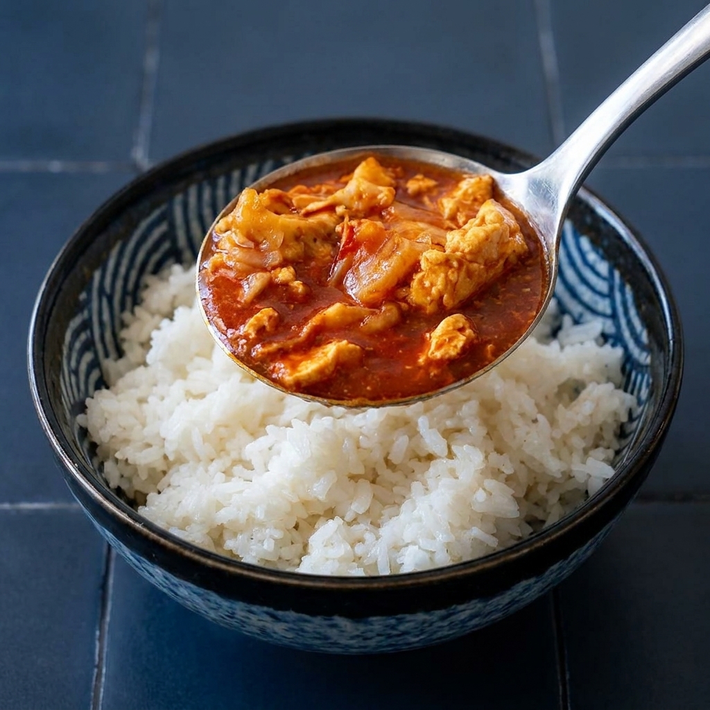 Eine Schöpfkelle verteilt die Curry-Thunfisch-Mischung über eine Schüssel mit weißem Reis.
