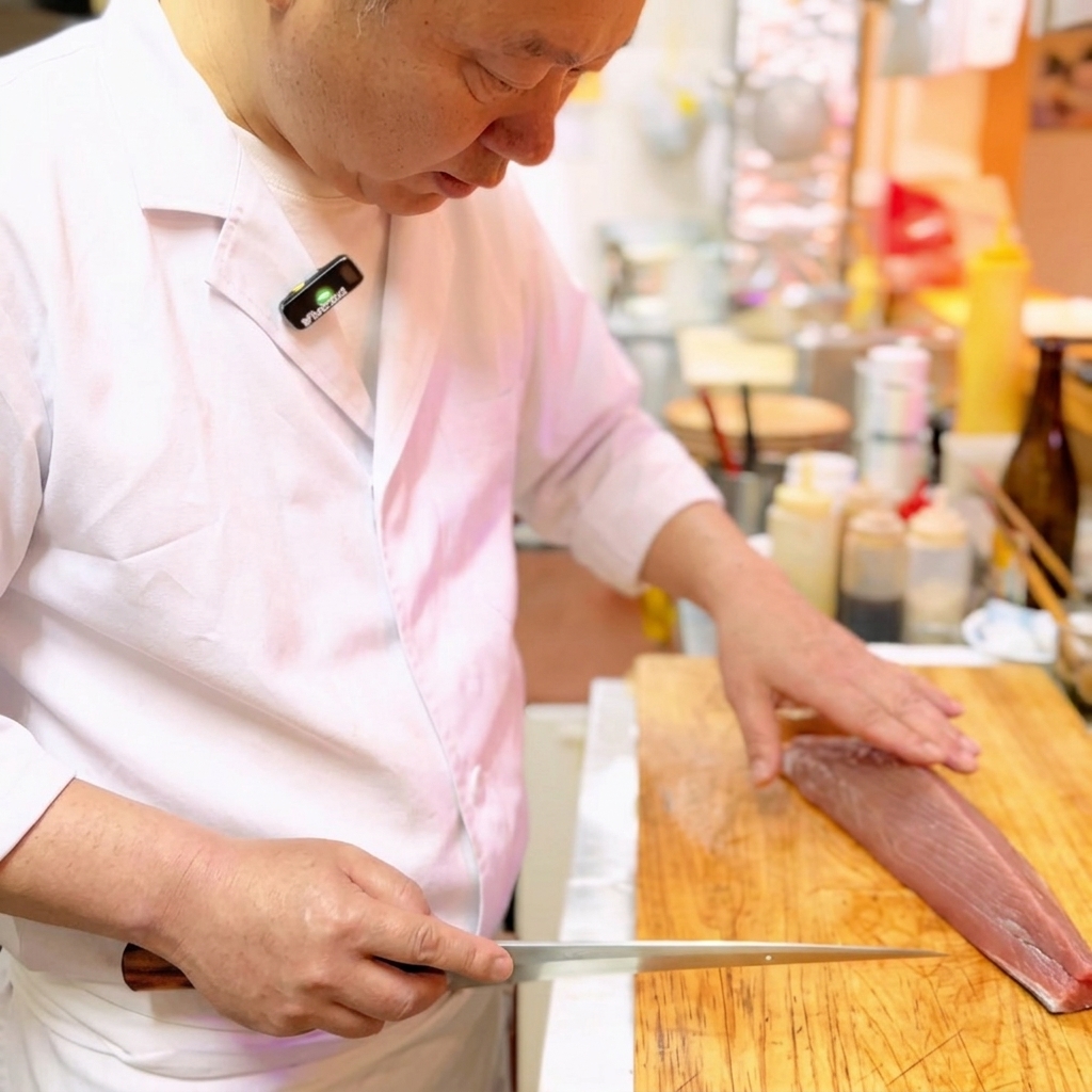 Nahaufnahme eines scharfen Sushi-Messers, das einen frischen Block tiefroten Thunfisch auf einem Holzbrett schneidet.