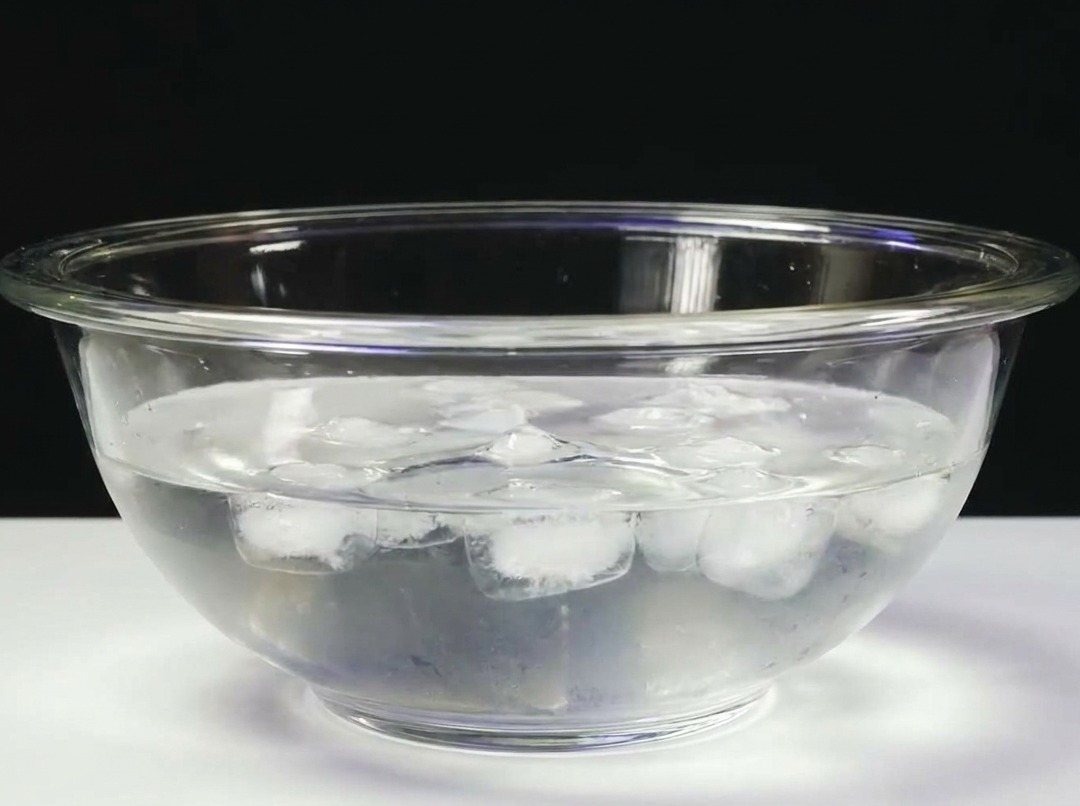 Ein Thunfischblock in einer mit Eiswasser gefüllten Glasschüssel.