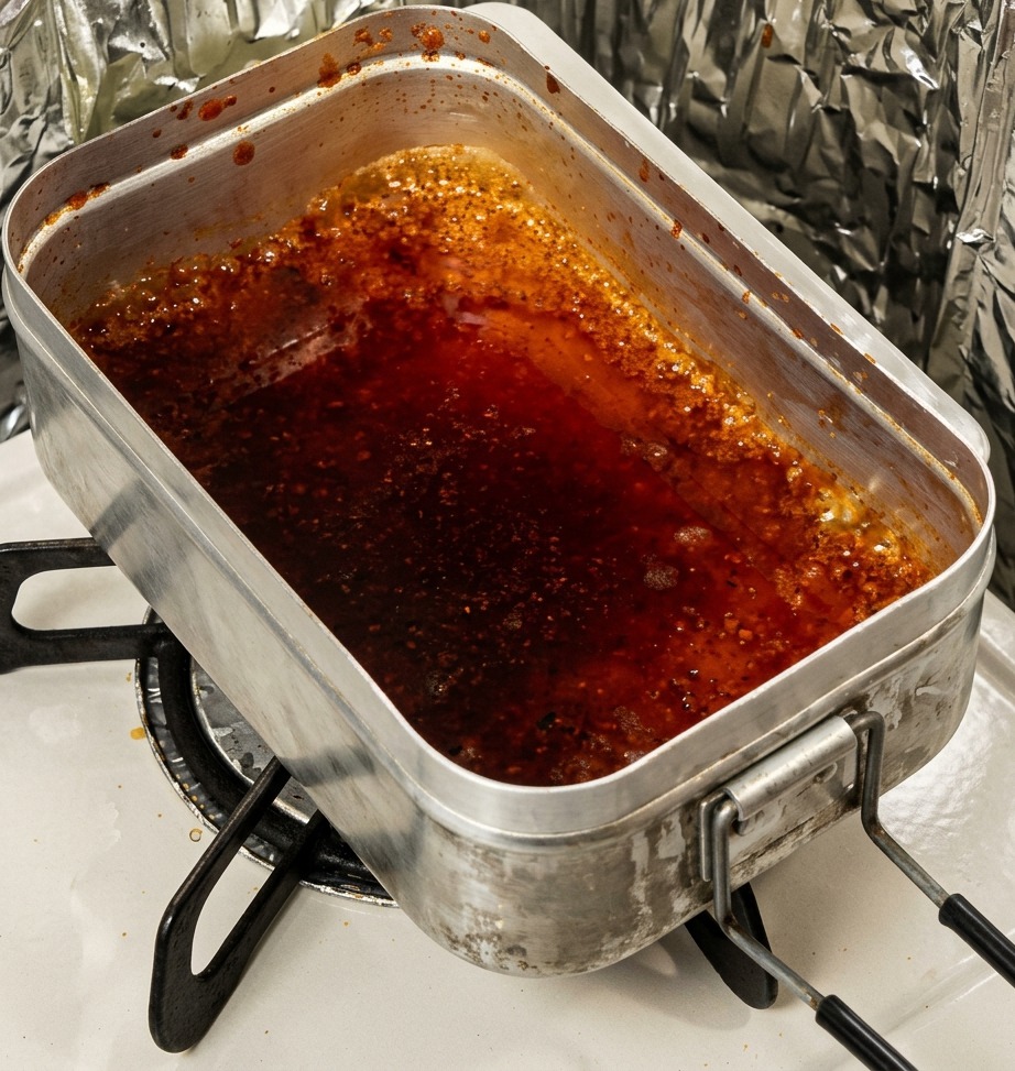 Eine dunkle, aromatische Marinade kocht in einem Metalltablett über einer Gasflamme.