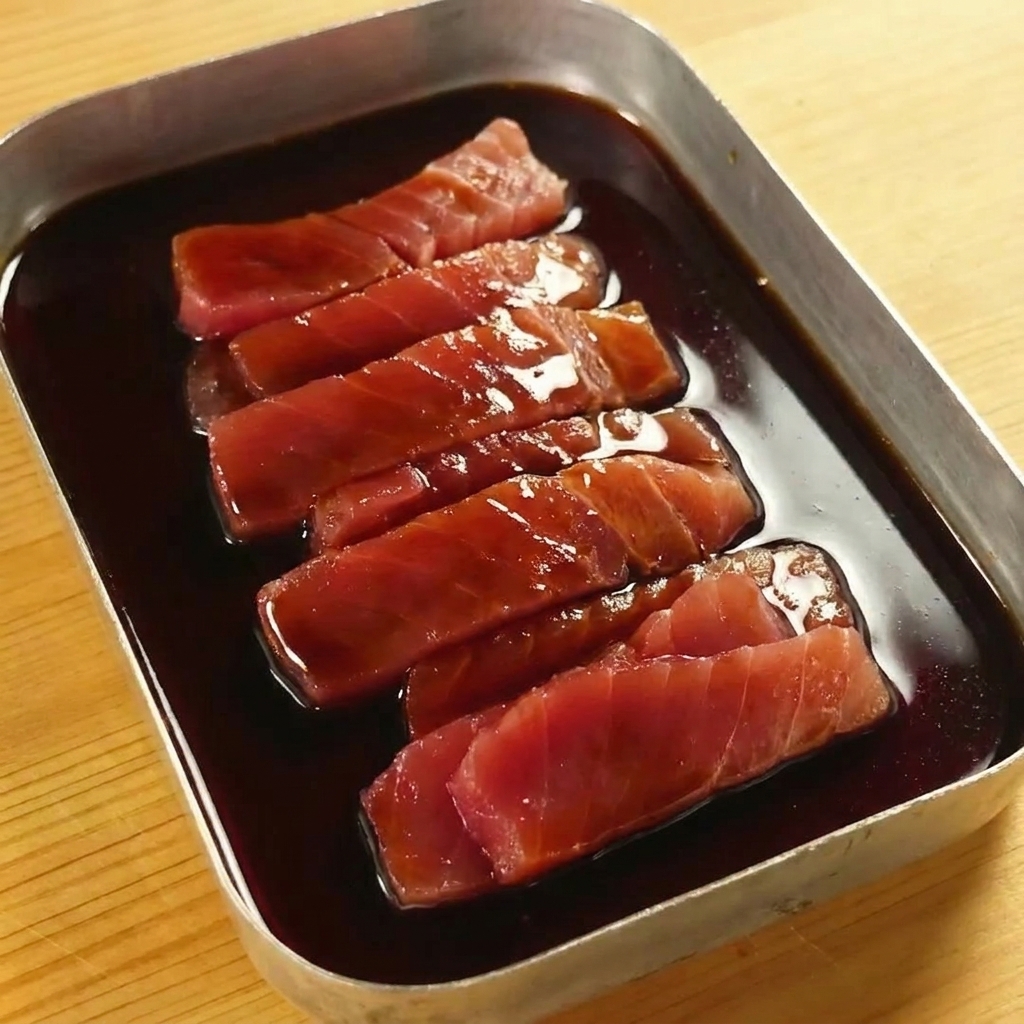 Dunkle Marinade wird über rohe Thunfischscheiben in einem Metalltablett gegossen.