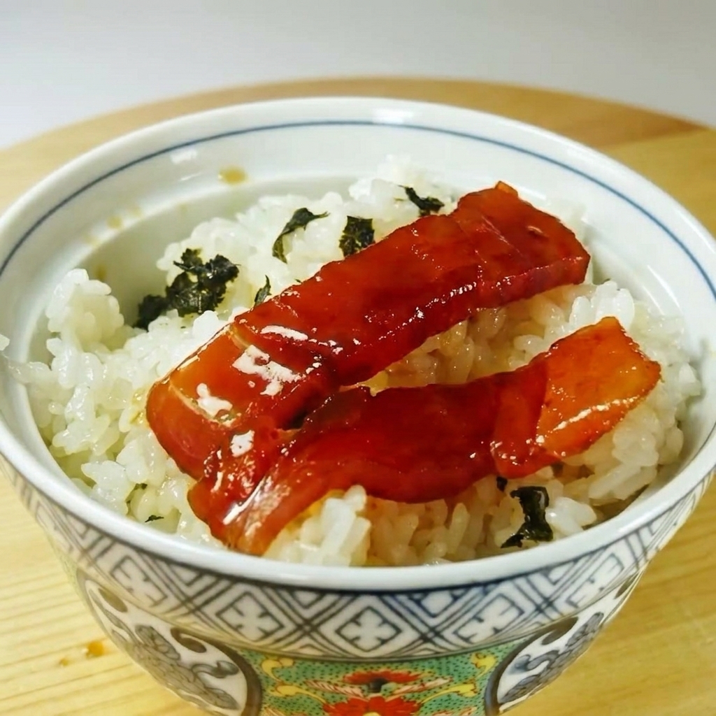 Scheiben von mariniertem Thunfisch auf einem Bett aus Reis mit Nori-Algen.