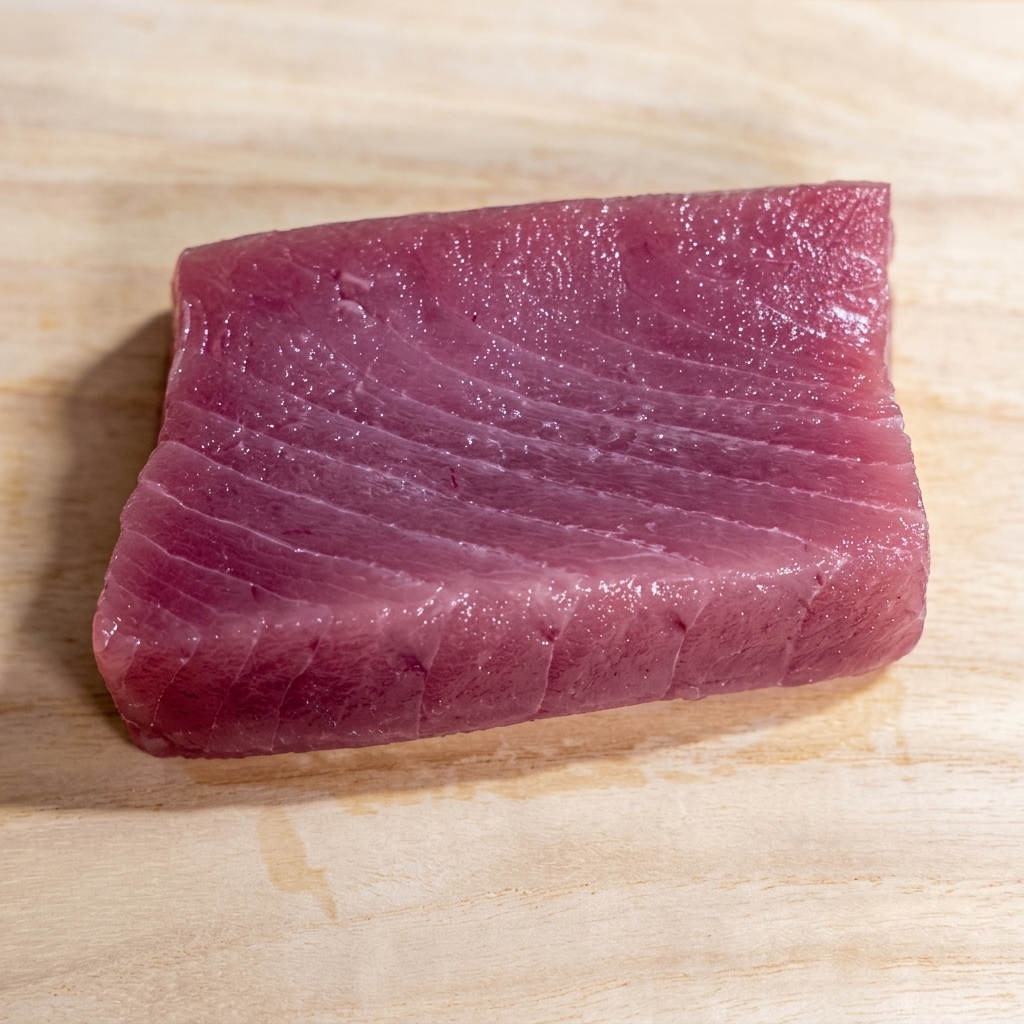 Ein hochwertiges Thunfischfilet wird in kleine, gleichmäßige Würfel geschnitten.