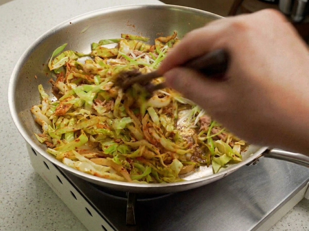 Eine Mischung aus geschnittenem Kohl und Sauce wird in einer Pfanne mit etwas Wasser verrührt.