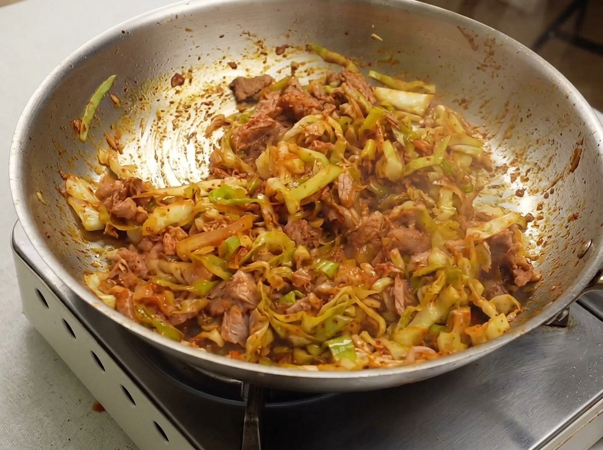 Eine leuchtend rote Pfanne mit Kohl, Thunfisch und Frühlingszwiebeln, gut vermengt in einer Edelstahlpfanne.
