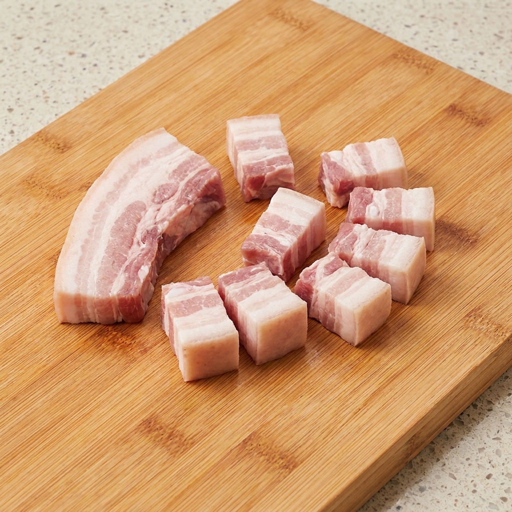 Blanchierter Schweinebauch, in mundgerechte Würfel geschnitten und auf einem Holzschneidebrett arrangiert.