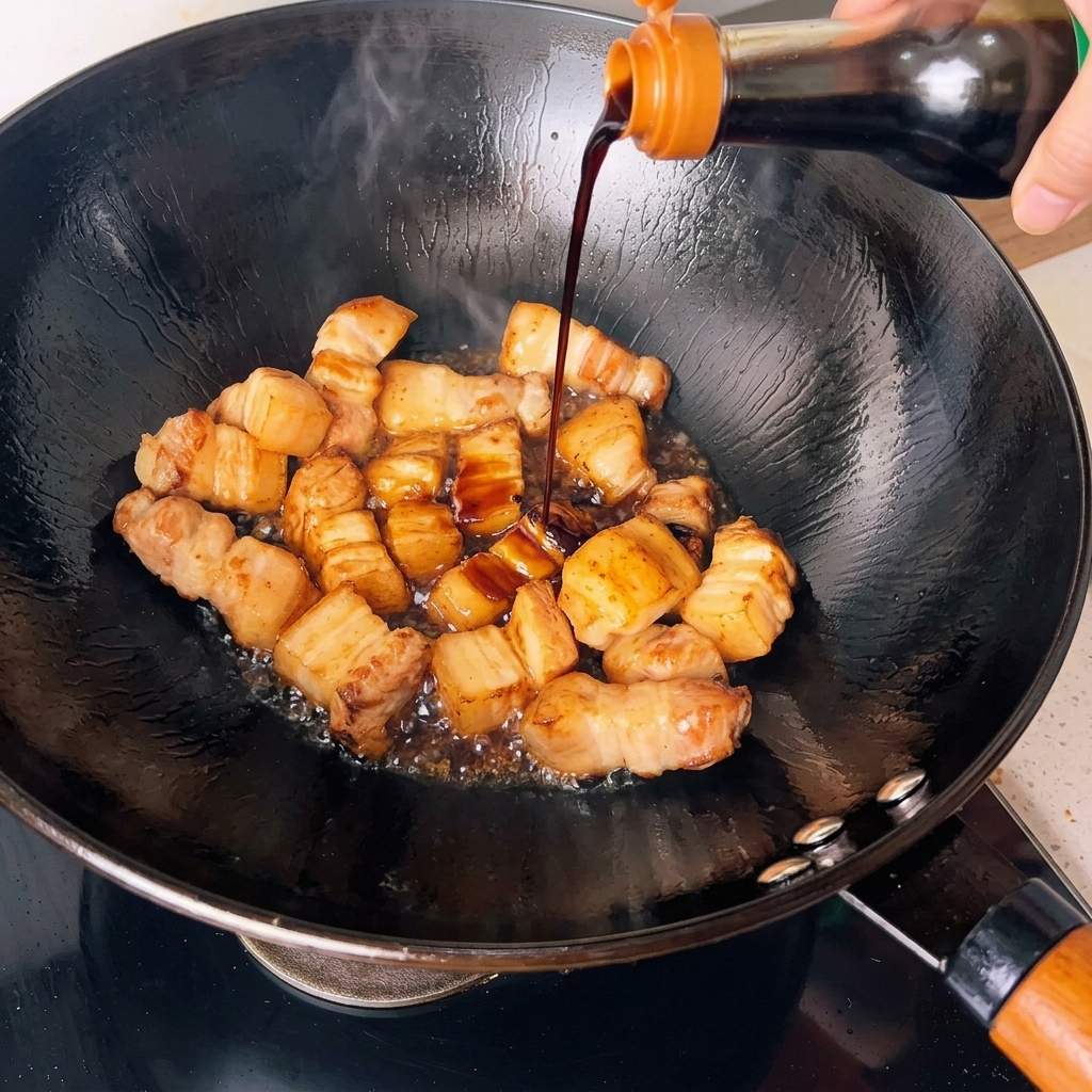 Dunkle Sojasauce wird aus einer Flasche über angebratene Schweinebauchwürfel in einem Wok gegossen.