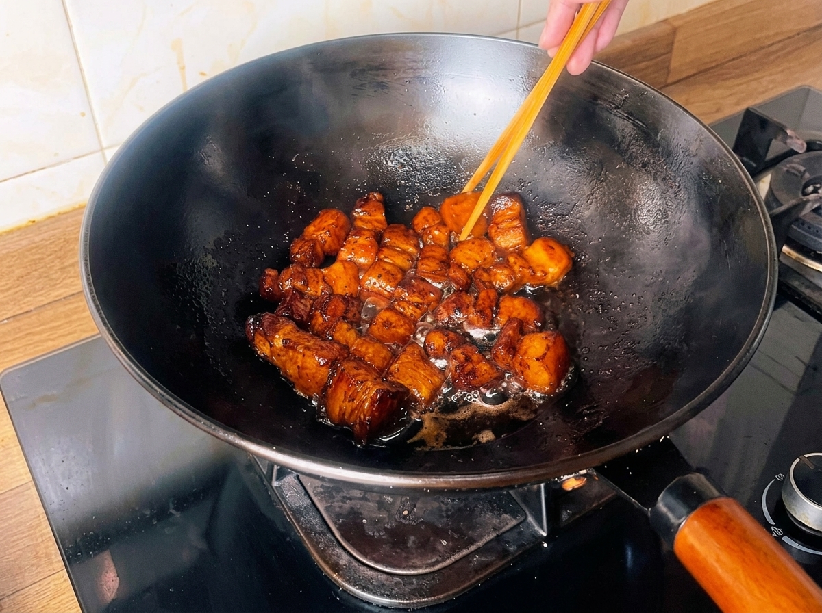 Goldbraune Schweinebauchwürfel köcheln in einem Wok mit einer eingedickten, dunklen Soja-Tee-Sauce und werden mit Stäbchen umgerührt.