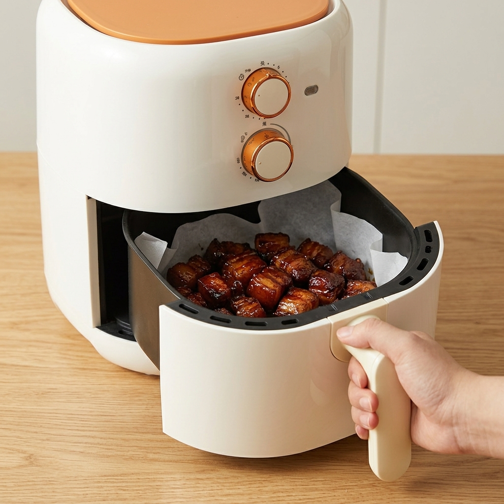 Eine Hand schließt den Korb einer weißen Heißluftfritteuse, die dunkle, geschmorte Schweinefleischwürfel auf Backpapier enthält.