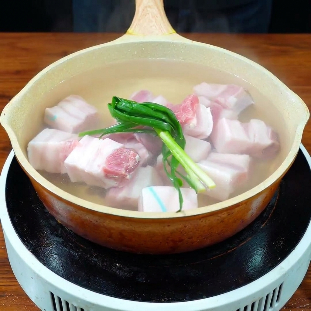 Schweinebauchwürfel köcheln in einer Pfanne mit Wasser, Frühlingszwiebeln und Ingwer.