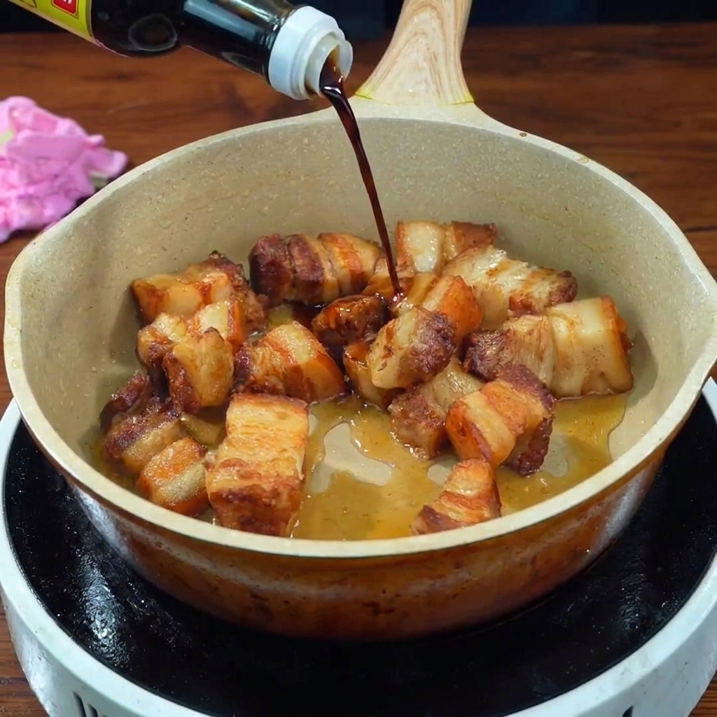 Dunkle Sojasauce wird aus einer Flasche in eine Pfanne mit goldbraunen Schweinebauchwürfeln gegossen.