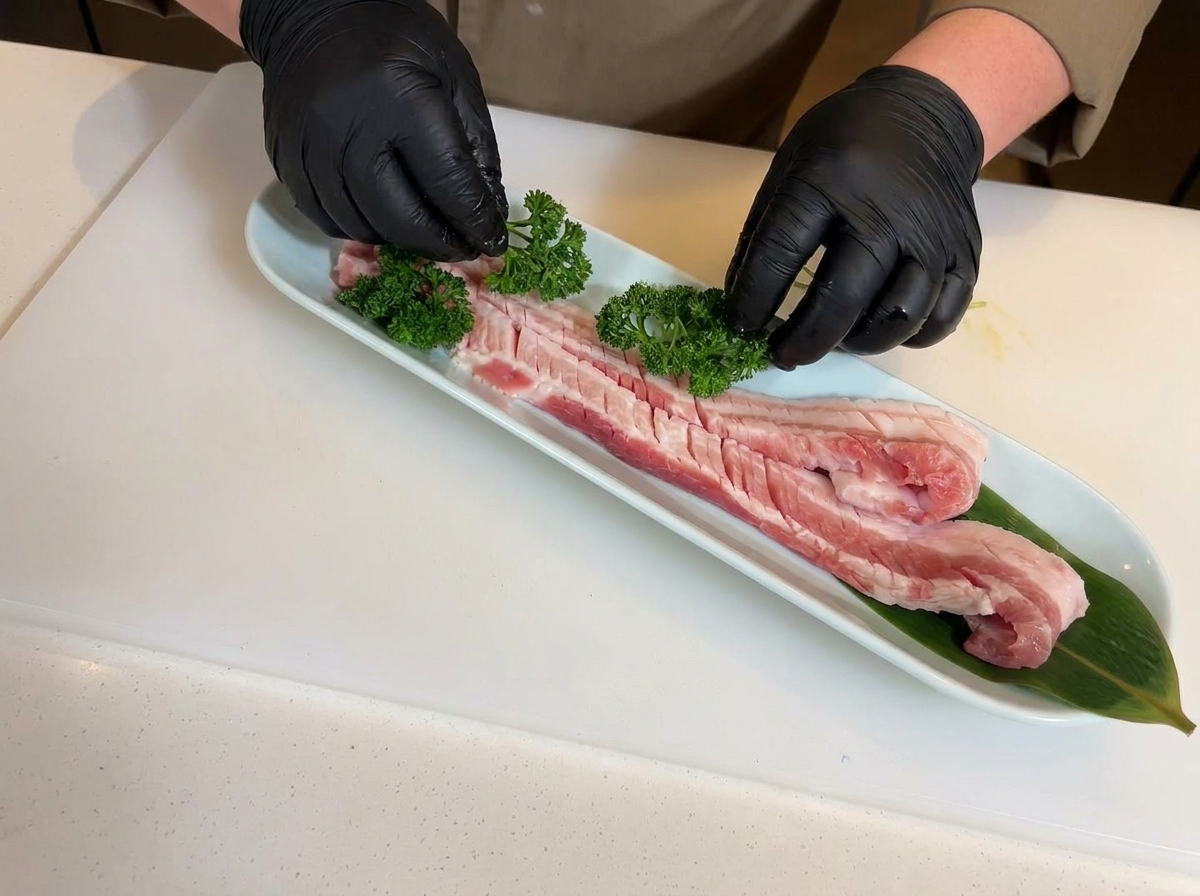 Hände in schwarzen Handschuhen platzieren frische Petersiliezweige auf dem eingeschnittenen Schweinebauch, der auf einer mit Bambusblättern ausgelegten weißen Platte liegt.