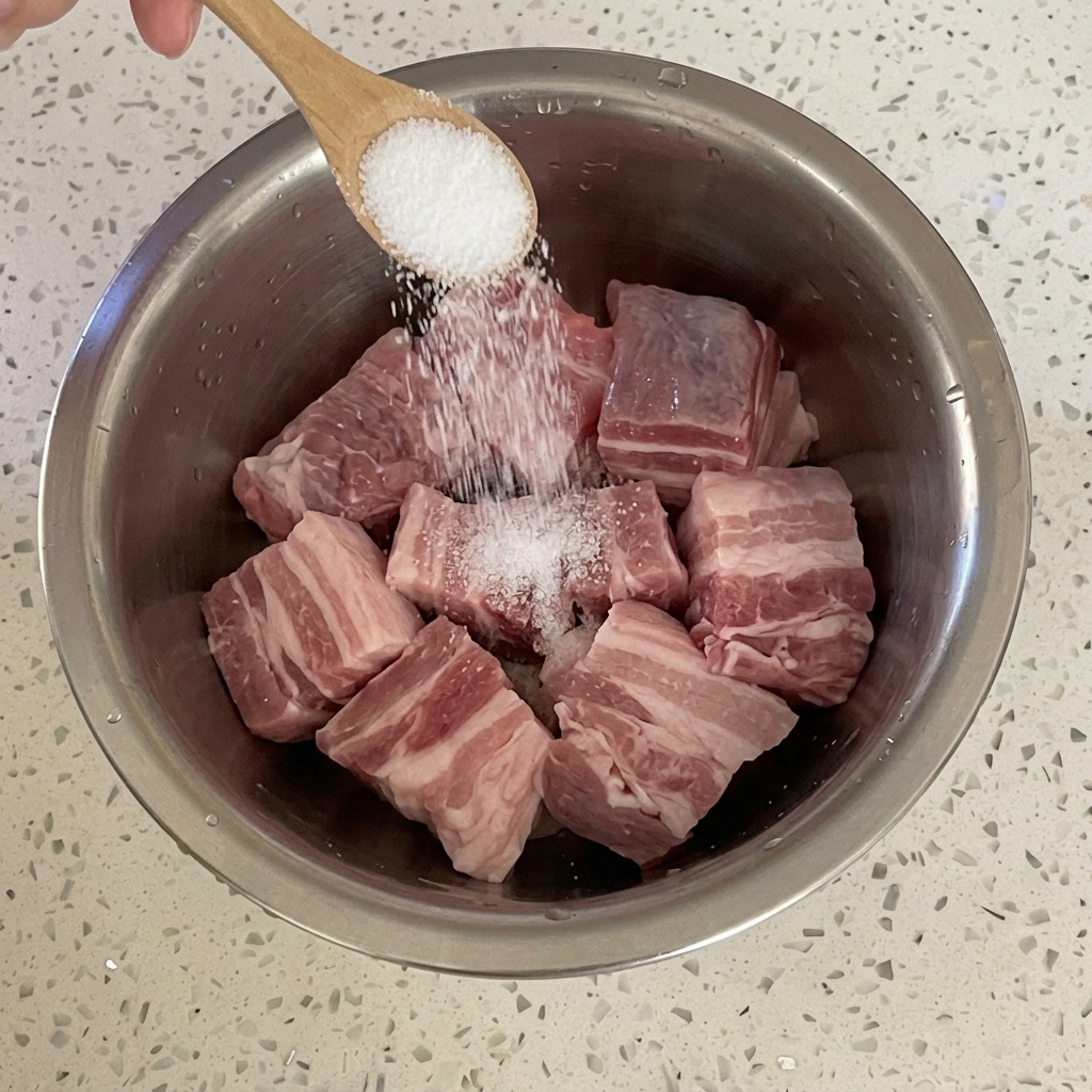 Ein Holzlöffel streut Salz über rohe Schweinebauchwürfel.
