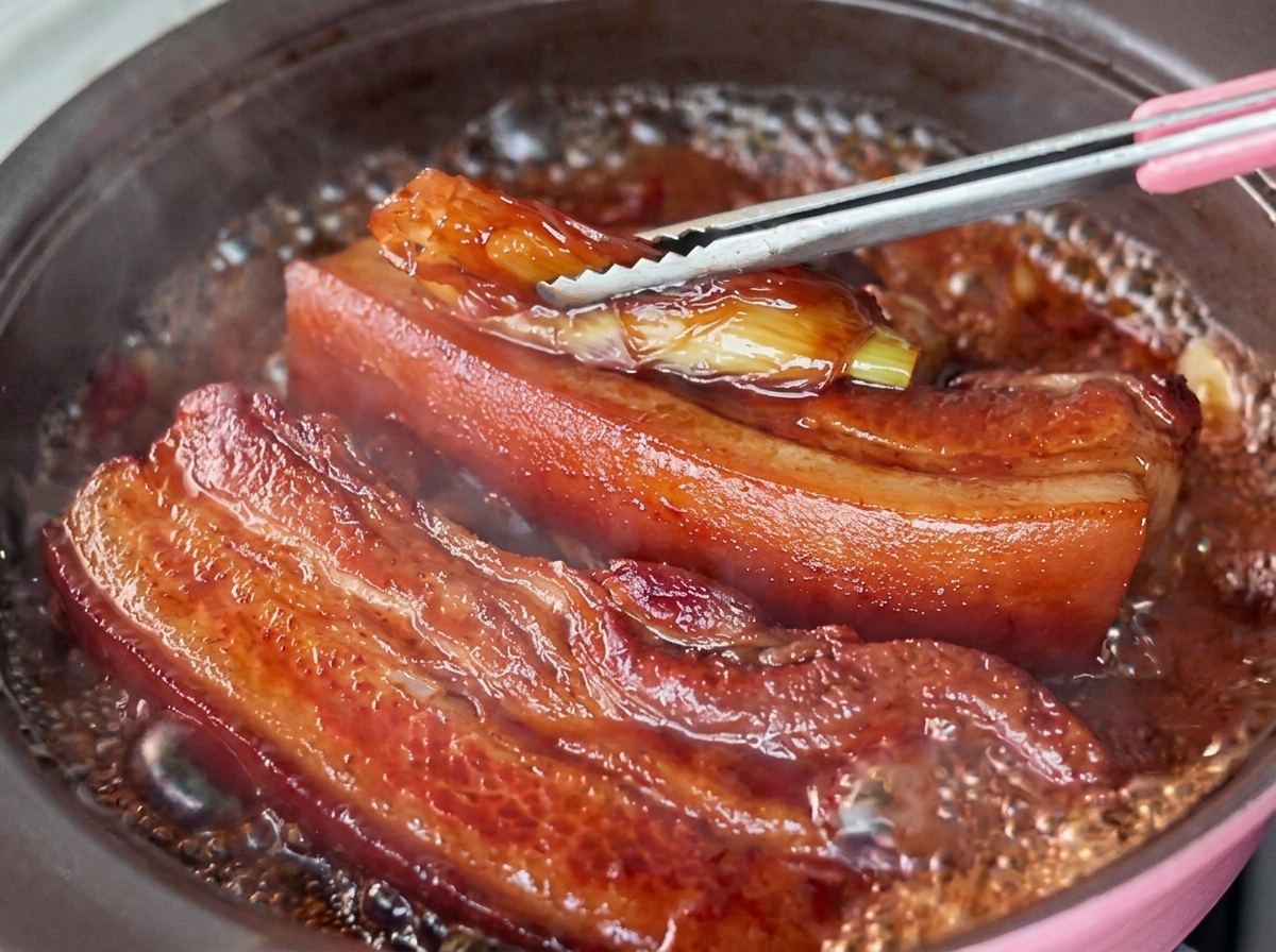 Eine Zange hebt ein Stück weiche Frühlingszwiebel aus einer blubbernden, dunklen Schmorsauce neben einem angebratenen Schweinebauch.