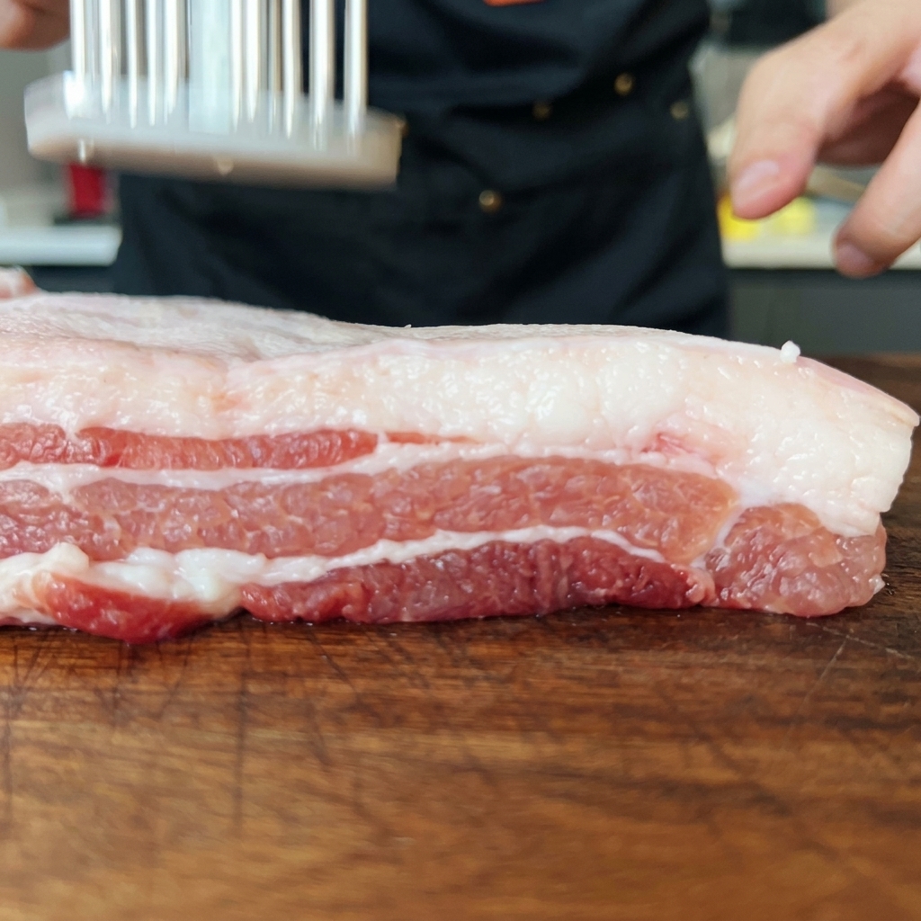 Nahaufnahme von roher Schweinehaut, die mit einem Fleischklopfer bearbeitet wird.