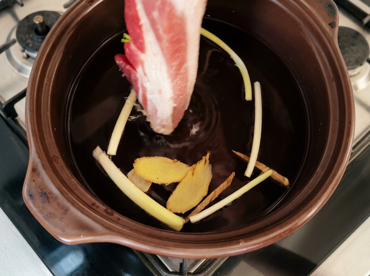 Schweinebauch in einem Topf mit dunkler Flüssigkeit und Gewürzen.