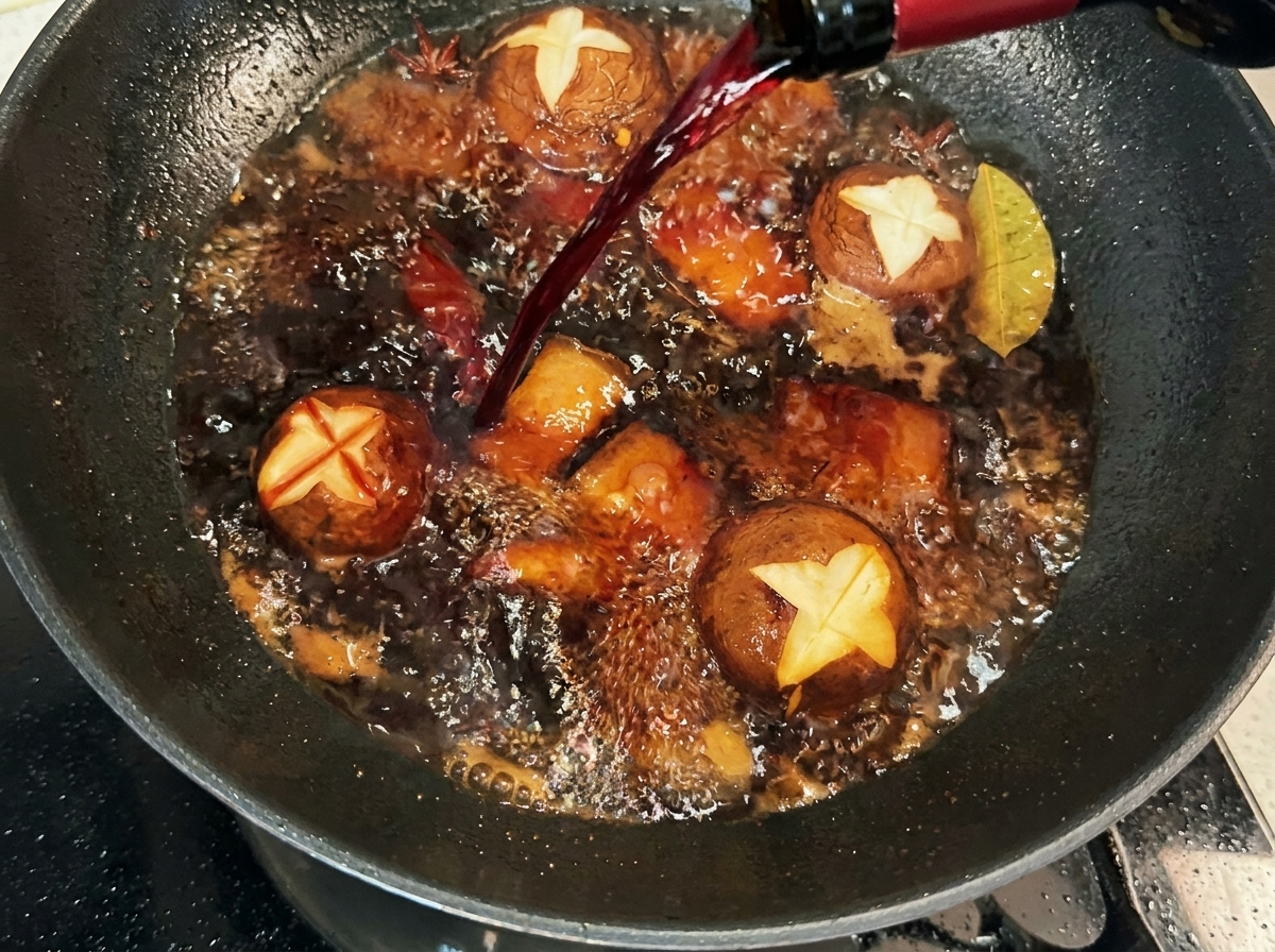 Rotwein wird in einen Wok mit angebratenem Schweinebauch, Pilzen und Gewürzen gegossen.