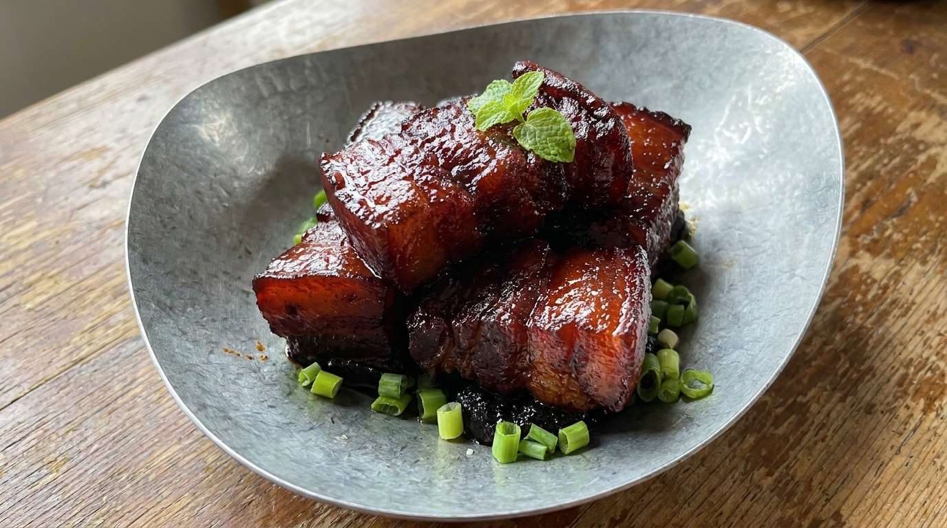 Roter, in Rotwein geschmorter Schweinebauch