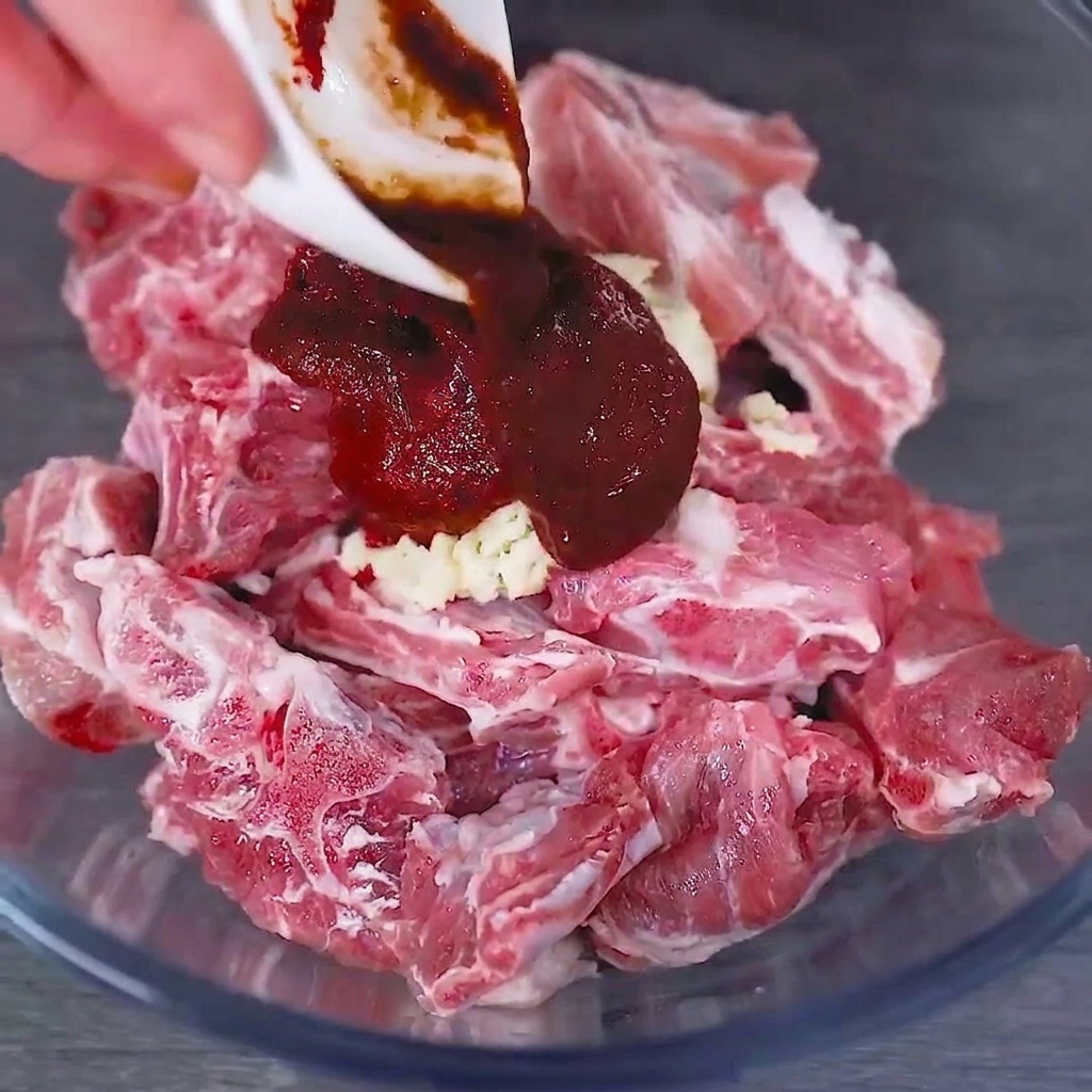 Eine Glasschüssel mit rohen Schweinerippchen, belegt mit einem Klecks dicker roter Chilisauce und frisch gehacktem Knoblauch.