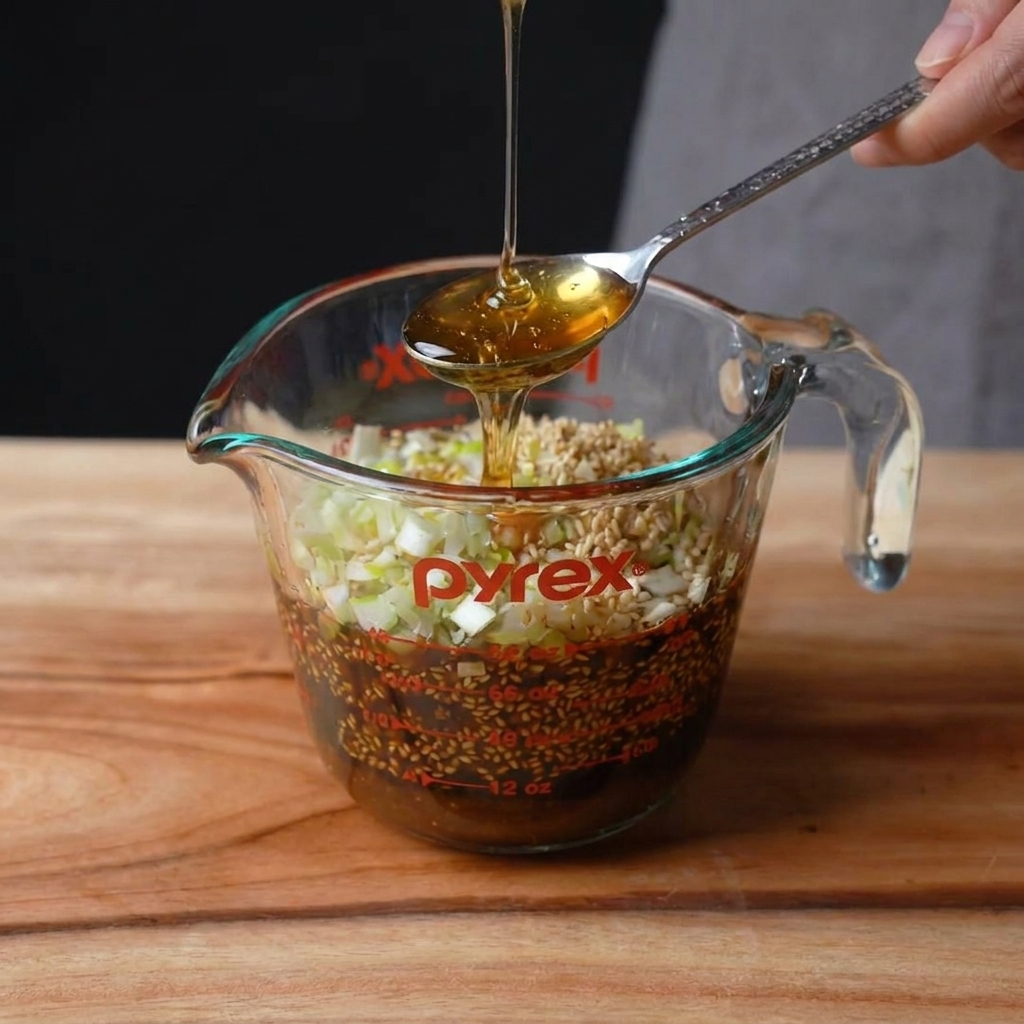 Sojasauce, gehackte Frühlingszwiebeln und Knoblauch in einem Glasmessbecher, bereit für die Marinade.