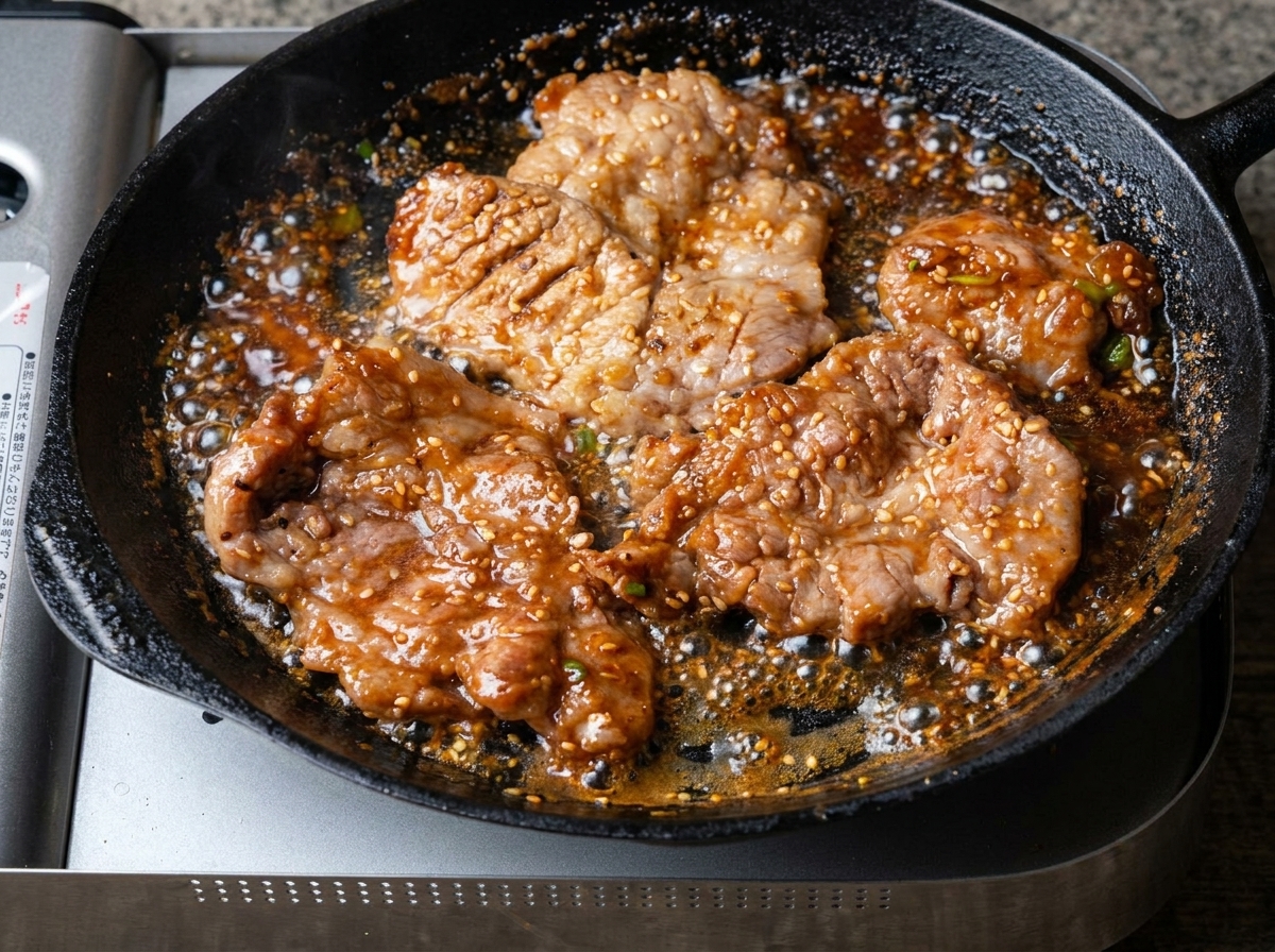 Mehrere Stücke Schweinefleisch braten in einer Pfanne und werden mit einer Küchenschere aus Metall in kleinere Portionen geschnitten.