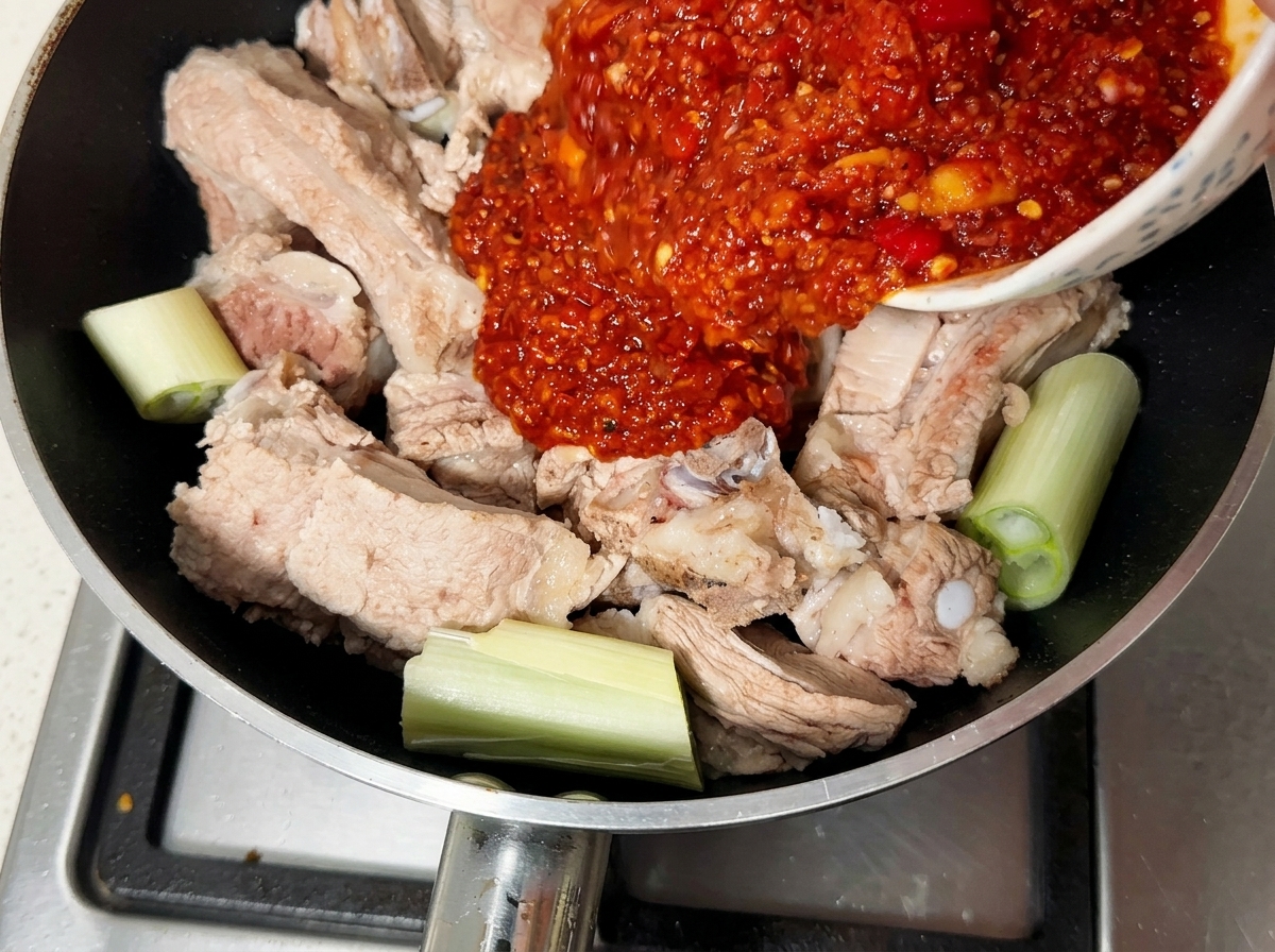 Dicke rote Chiligewürzpaste, die aus einer Schüssel über die blanchierten Schweinerippchen in der Pfanne gegossen wird.