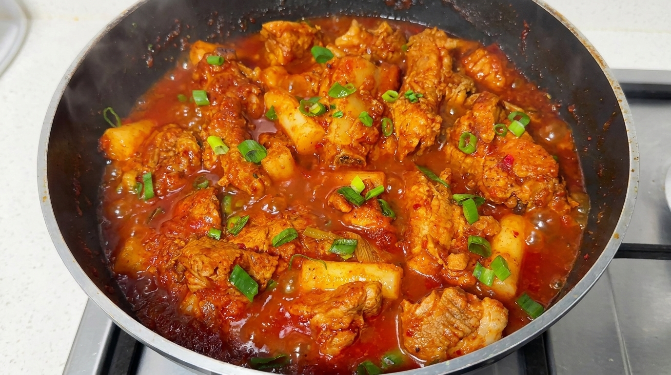 Koreanisch scharfe Schweinerippchen mit Reiskuchen (Maeun Dwaejigalbi-jjim)