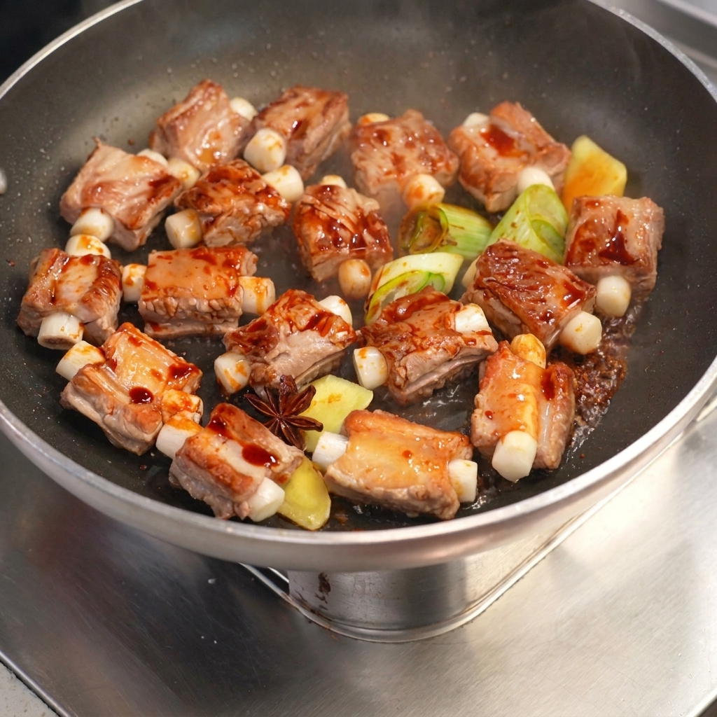 Gefüllte Rippchen schmoren in einer dunklen Sauce im Wok.