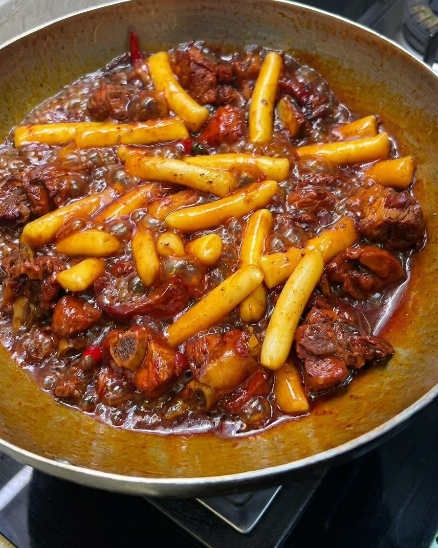 Schweinerippchen und Reiskuchen werden im Wok in einer eingedickten, glänzenden Sauce geschwenkt.