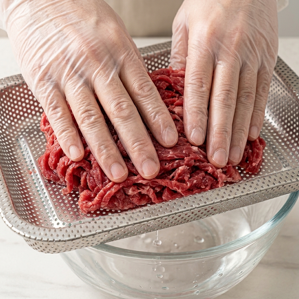 Zwei Hände drücken auf rohes, in Scheiben geschnittenes Rindfleisch in einem rechteckigen Metallsieb, um überschüssiges Wasser zu entfernen.