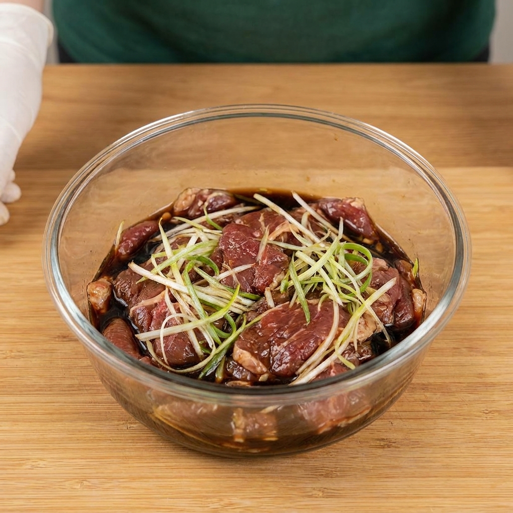 Mariniertes Rindfleisch gemischt mit geschnittenen Zwiebeln und Gewürzen in einer Glasschüssel.