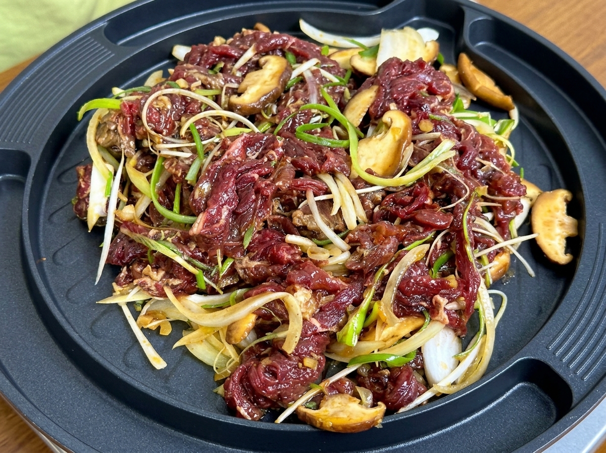 Mariniertes Rindfleisch mit Zwiebel- und Pilzscheiben brutzelt auf einer runden Grillpfanne.