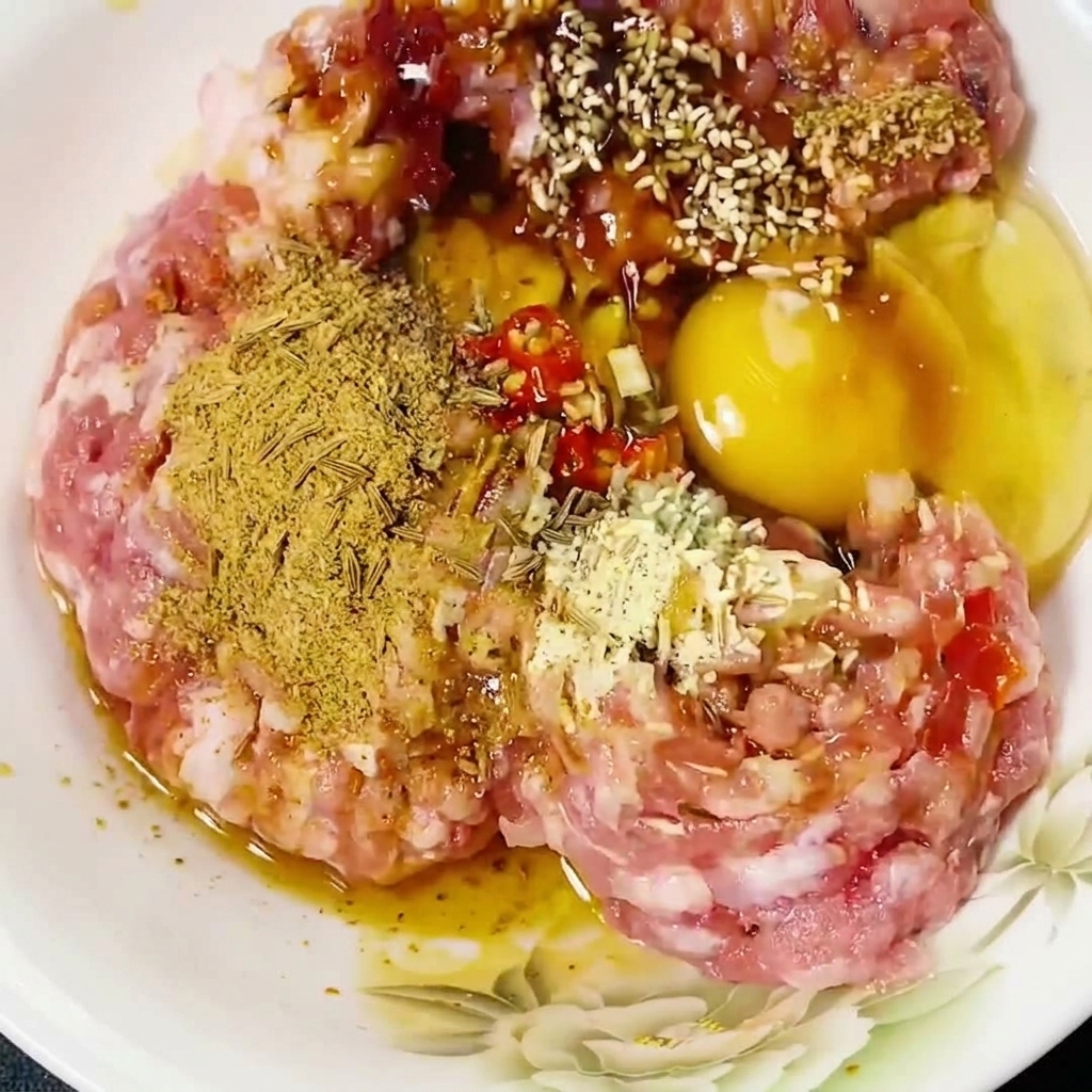 Schweinehackfleisch wird mit Stäbchen in einer Schüssel vermischt.